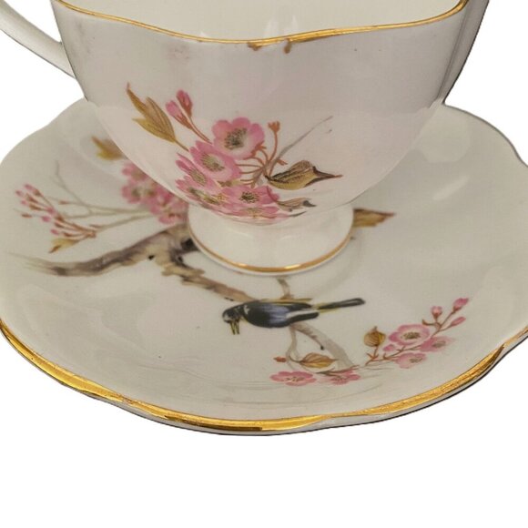 Vintage Queen Anne Bird in Cherry Blossom Tree Fine Bone China Cup Saucer Set - Picture 14 of 15